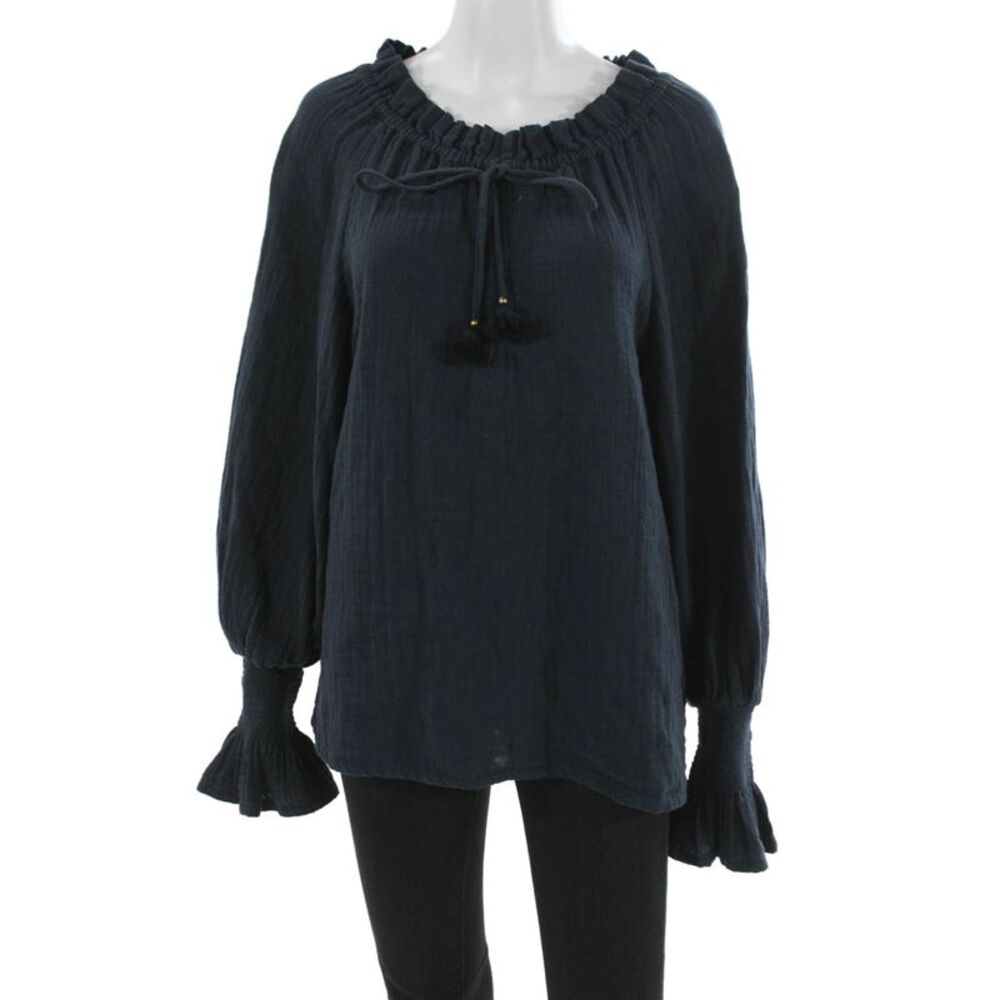 Figue Women Organic Cotton Blue Tunic Blouse Long Sleeve Tie Size S